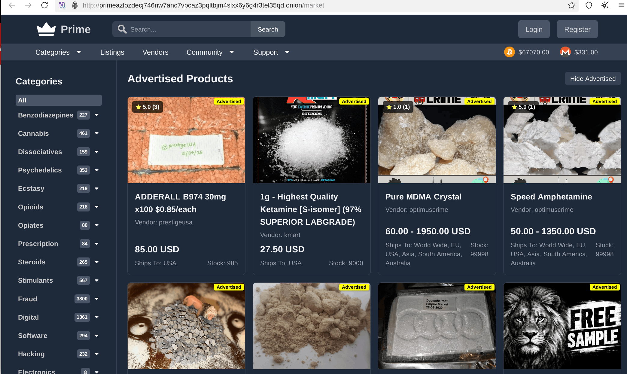Prime Market listings page showing category filters, vendor names, product attributes and pricing