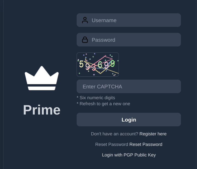 Prime Market login page with username, account secret, password fields and CAPTCHA