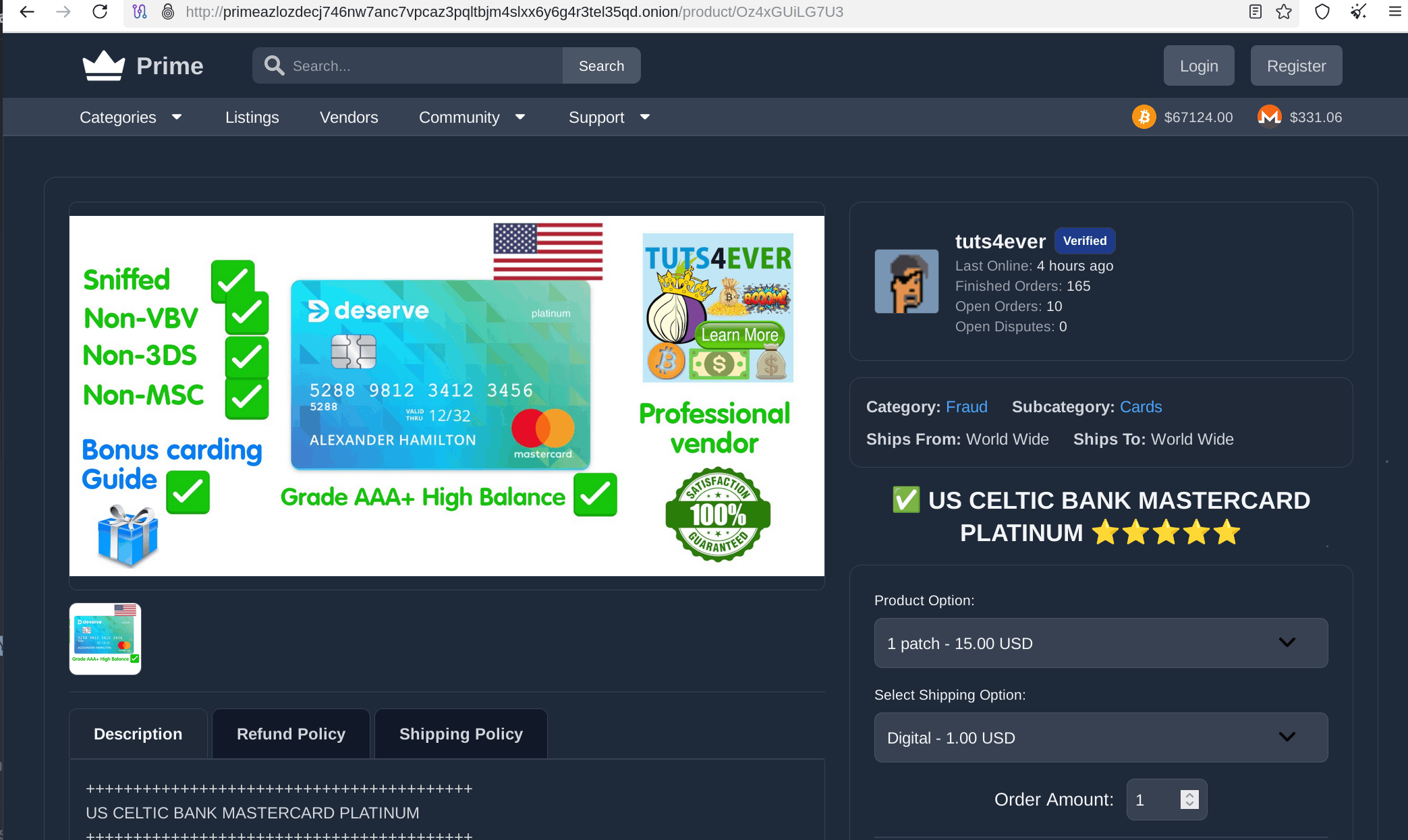 Prime Market product listing detail page showing escrow status, vendor rating and dispute button
