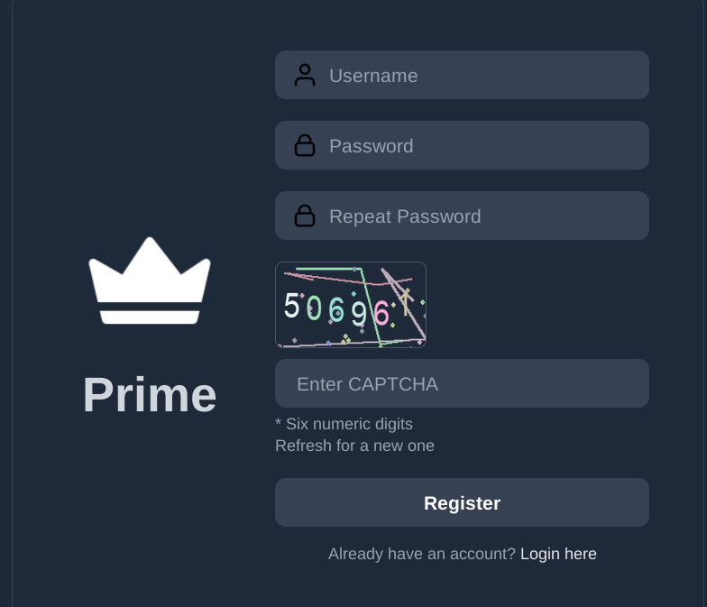 Prime Market registration form showing username, password, and CAPTCHA fields